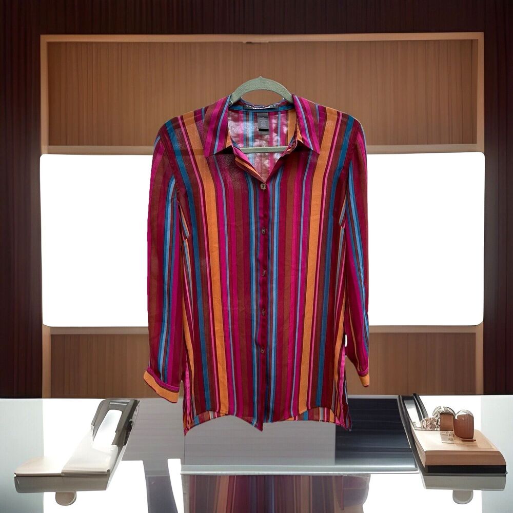 Crazy Horse Liz Claiborne Sheer Striped Button Up Long Blouse Long Sleeve-Medium
